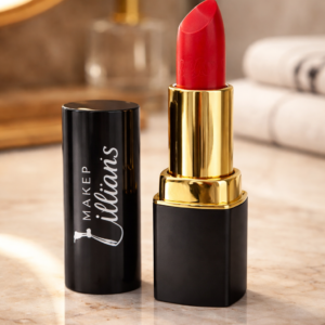 Labial rojo en empaque negro y dorado