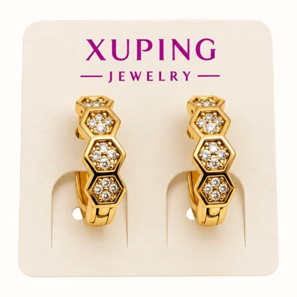 Vista optimizada ROUSS Aretes dorados con diseño hexagonal y detalles brillantes