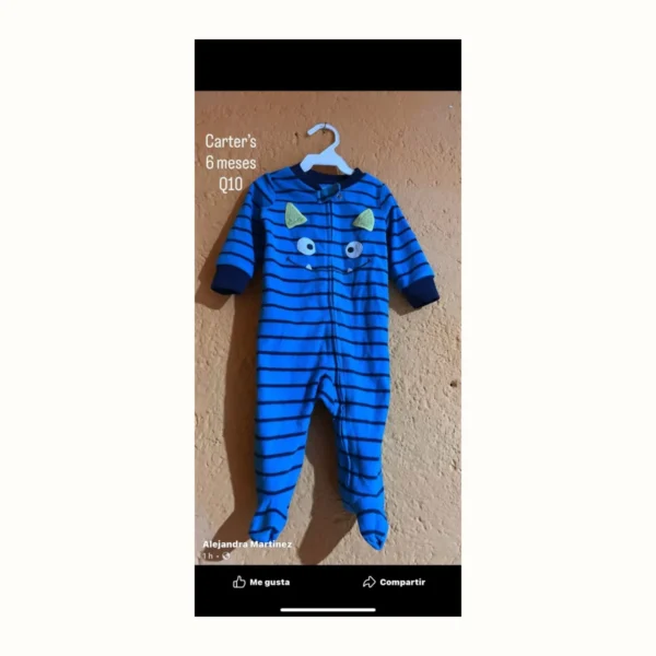 Vista optimizada ROUSS Enterizo azul a rayas con diseño de monstruo para bebé